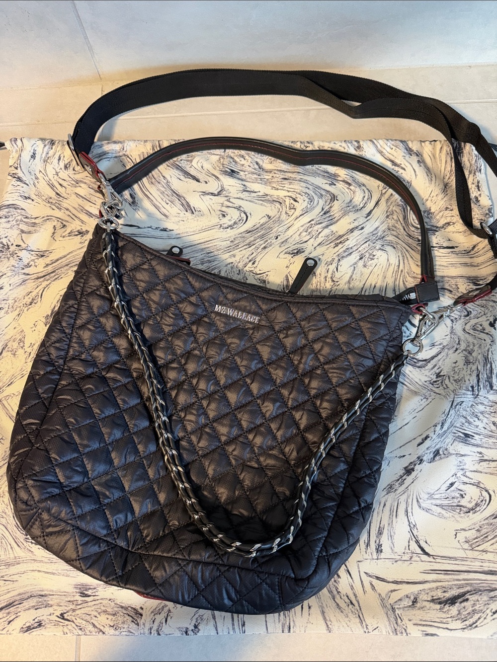 MZ Wallace Quilted Black Nylon Crossbody Hobo Bag with Chain Accent